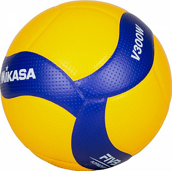 Мяч волейбольный  "MIKASA V300W", р.5, FIVB Appr, 18 пан, синт.кожа (микрофиб), клееный, бут.кам, желто-синий