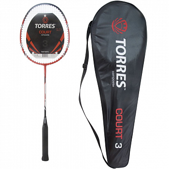 Ракетка бадминтона  TORRES Court3, арт.BD-502,для начинающ.,стал. стерж, алюм. обод,со струнами, крас-черн