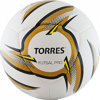 Мяч футзальный  "TORRES Futsal Pro", арт.F31924, р.4, 10 пан. PU, 4 подкл. сл, гибрид. сш. бело-зол-чер